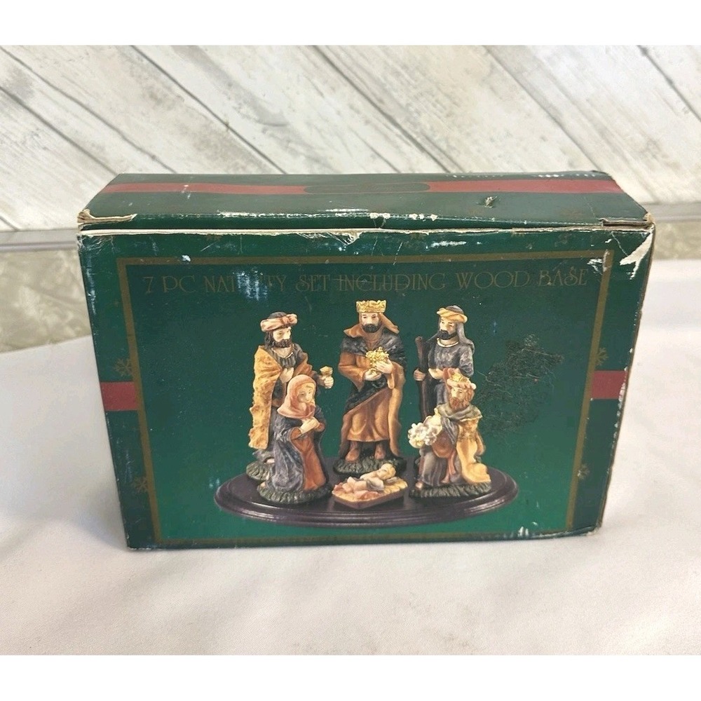 Vintage Kirkland's 7 Pc Nativity Set Wood Base Original Box Christmas 034468